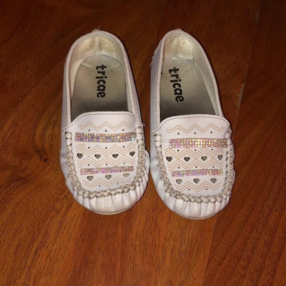 White rhinestone loafers